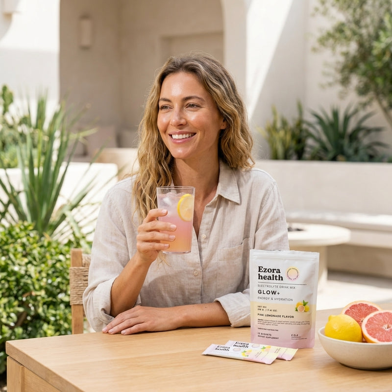 Woman enjoying GLOW+ pink lemonade electrolyte drink outdoors on a sunny day with Ezora Health pouch and citrus fruits