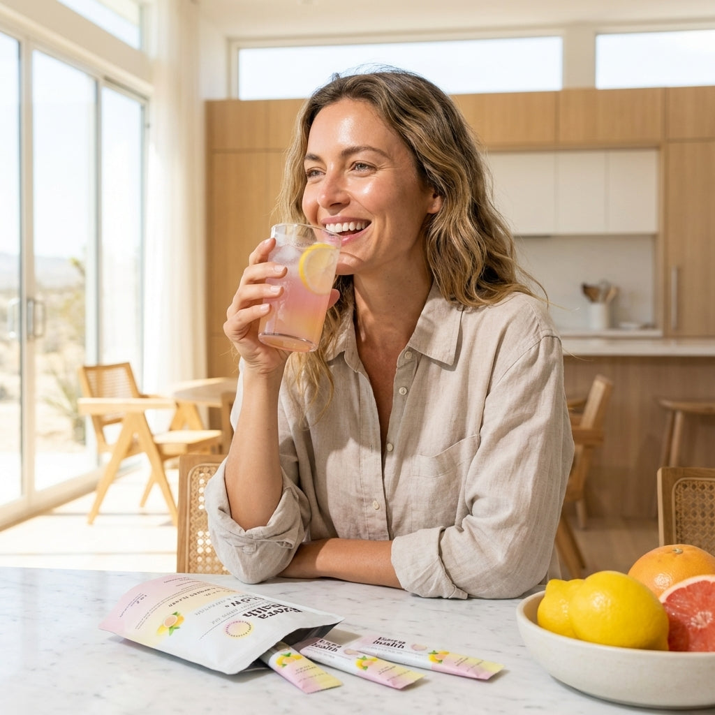 Woman smiling while drinking GLOW+ electrolyte pink lemonade at a bright kitchen counter with citrus fruits
