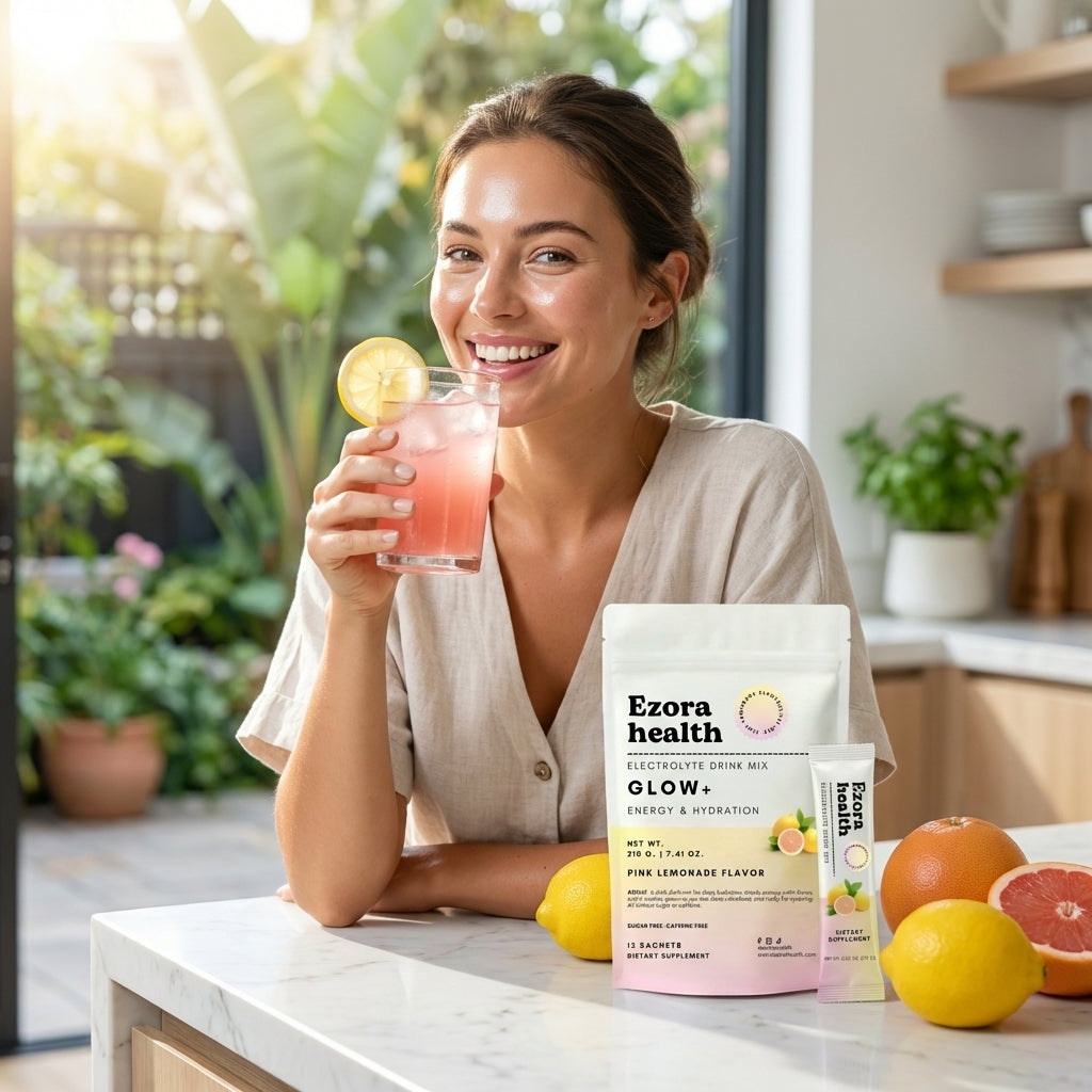 Woman enjoying a refreshing drink outdoors — hydration and mood support