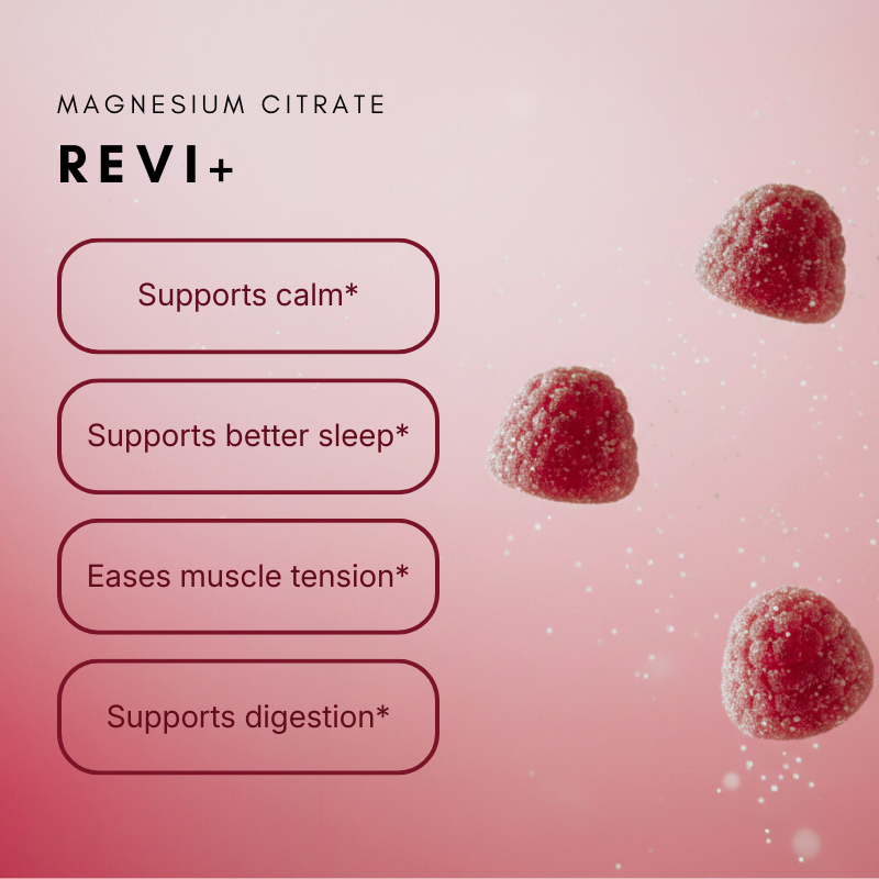 Revi+ Magnesium Citrate benefits: supports calm, better sleep, eases muscle tension, supports digestion